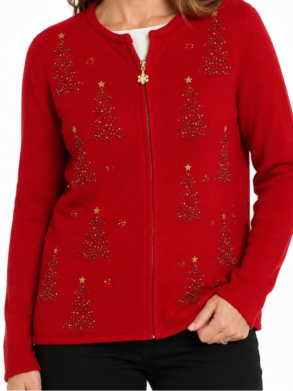 Croft & Barrow Red Christmas Tree Cardigan Sweater Zip Front Medium Holiday
